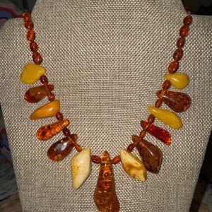 Amber Look Boho Statement Necklace Chunky Resin Silver Tone Clasp